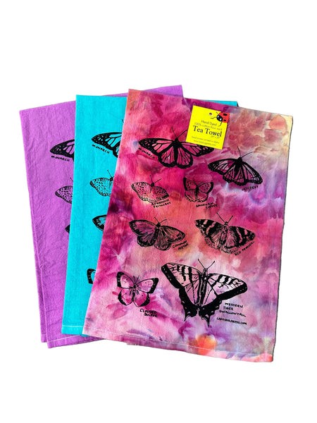 Dyed Butterfly Tea Towel, Screen Printed flour sack dish towel
