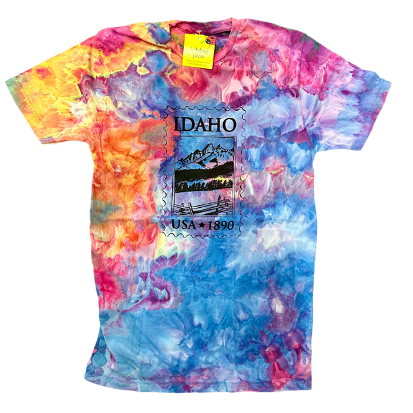 Ice Dyed Idaho Postage Stamp T-shirt, Adult Sizes, Eco Friendly Waterbased Inks