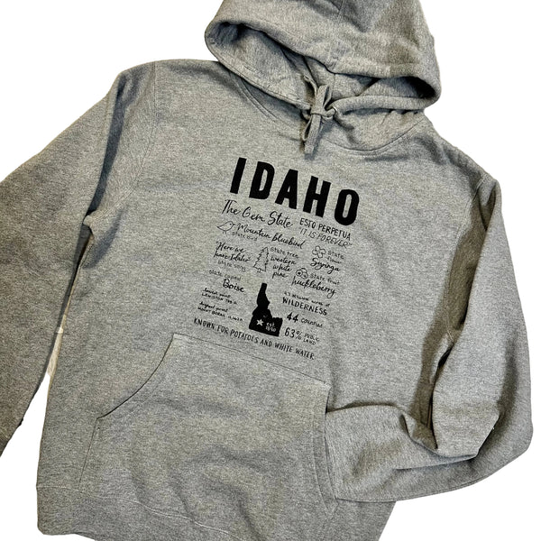 Idaho Facts Hoodie Screen Printed Sweatshirt, Eco Friendly Ink