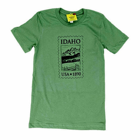 Idaho Postage Stamp Green T-shirt, Adult Sizes, Eco Friendly Waterbased Inks