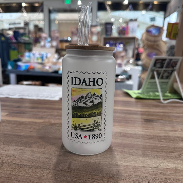 Idaho Stamp Frosted Can Glass w/ Glass Straw