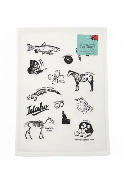 Symbols of Idaho Tea Towel, Screen Printed flour sack towel