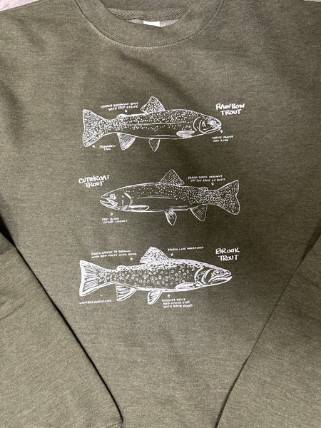 Trout Crewneck Sweatshirt, screen printed adult sizes