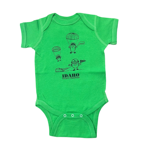 Idaho Potato Trooper Onesie, Solid Green. Eco-friendly Waterbased Inks