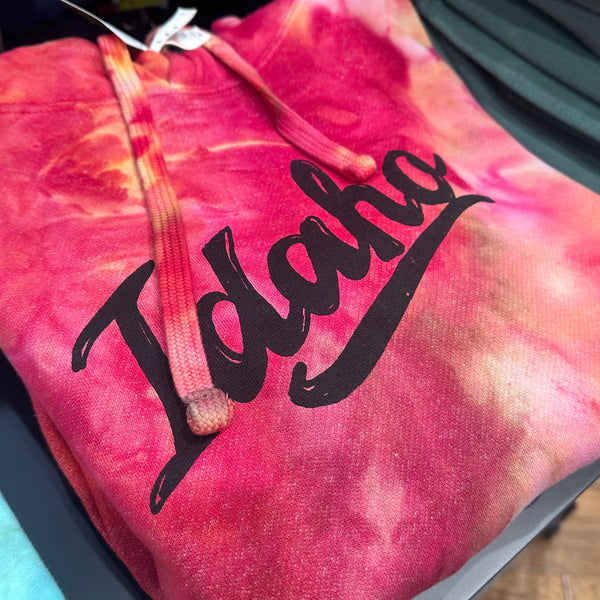 Ice Dyed Retro Idaho Pullover Hoodie. Screen Printed Sweatshirt with Eco Friendly Waterbased Inks