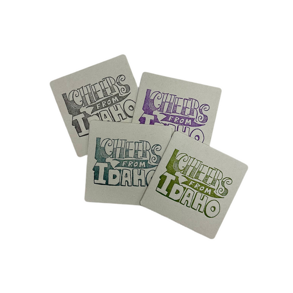 Cheers from Idaho Coasters,  (Letterpress printed, 3.5 inches) set of 4, perfect gift