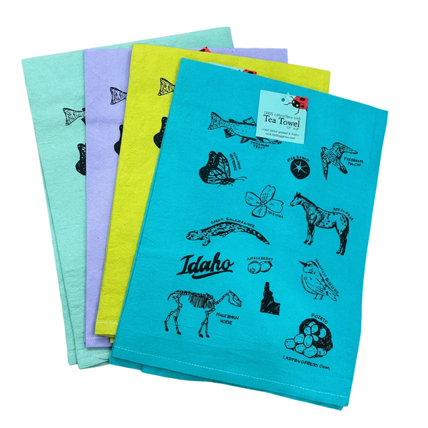 Dyed Symbols of Idaho Tea Towel, Hand drawn flour sack towel