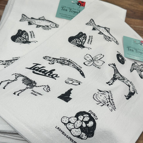 Symbols of Idaho Tea Towel, Screen Printed flour sack towel