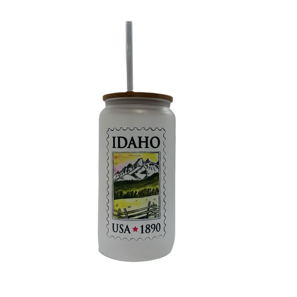 Idaho Stamp Frosted Can Glass w/ Glass Straw