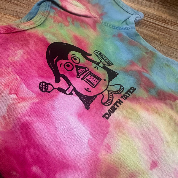 Ice Dyed Darth Tater Onesie, eco-friendly waterbased inks