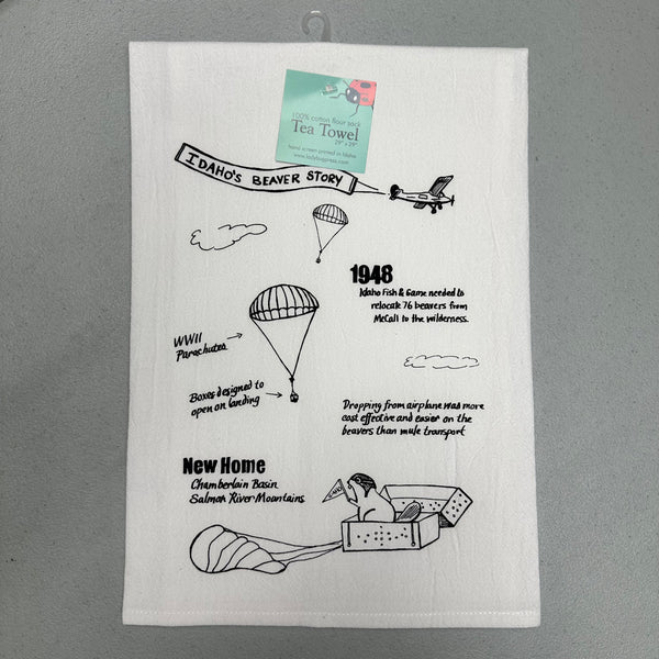 Idaho Beaver Story Tea Towel, Screen Printed flour sack towel