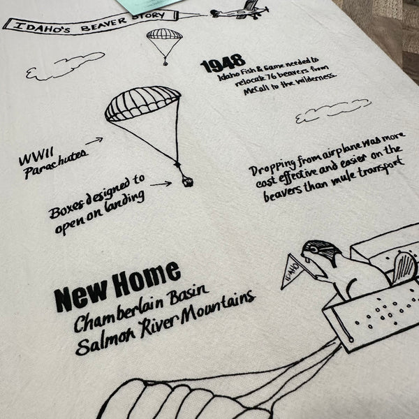 Idaho Beaver Story Tea Towel, Screen Printed flour sack towel