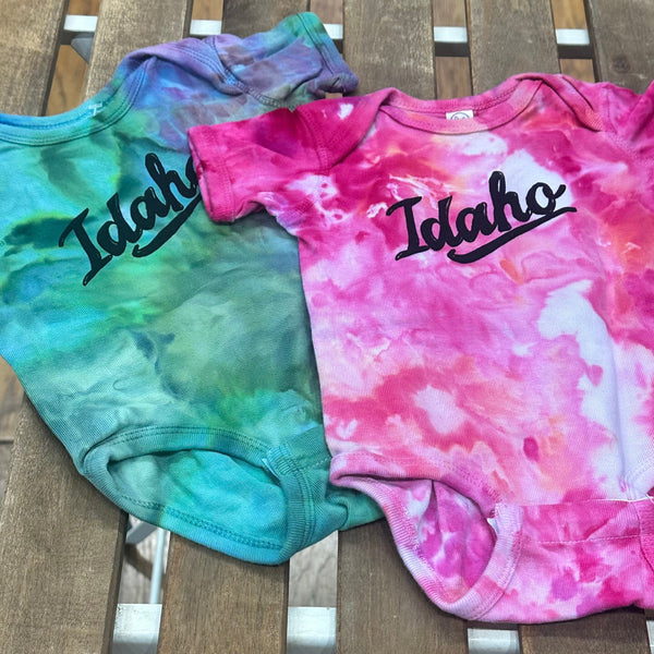 Ice Dyed Retro Idaho Onesie, eco-friendly waterbased inks