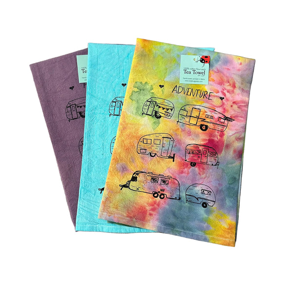Dyed Vintage Campers Tea Towel, flour sack towel