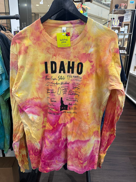 Ice Dyed Idaho Facts Long Sleeve Shirt, Adult Sizes Assorted Color Options