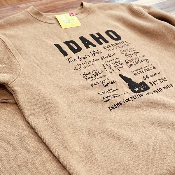 Idaho Facts Brown Crewneck Sweatshirt, screen printed adult sizes