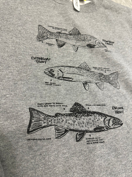 Trout Crewneck Sweatshirt, screen printed adult sizes