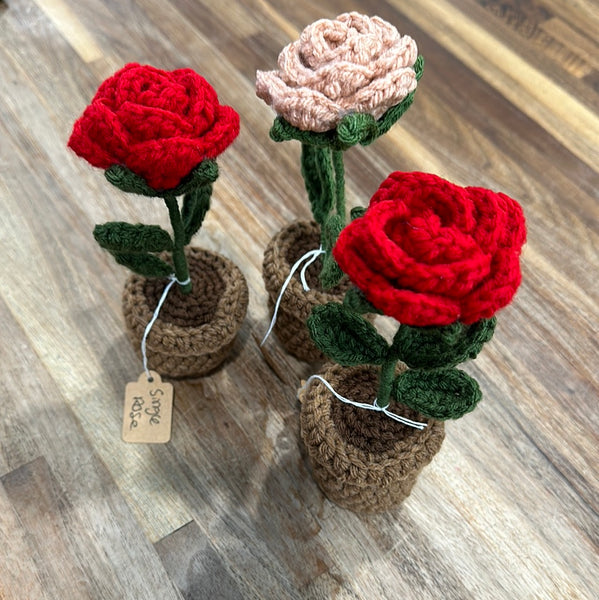 Crocheted Single Rose in Pot