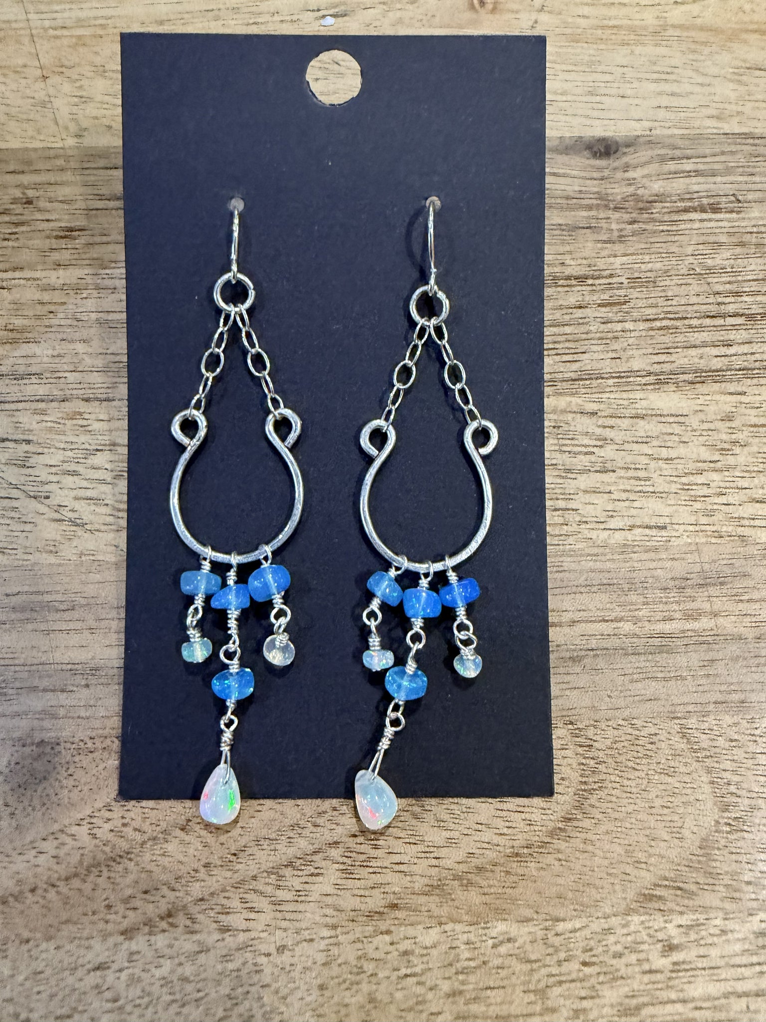 Blue and White Ethiopian Opal Open Hoop Dangle Earrings