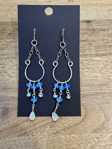 Blue and White Ethiopian Opal Open Hoop Dangle Earrings
