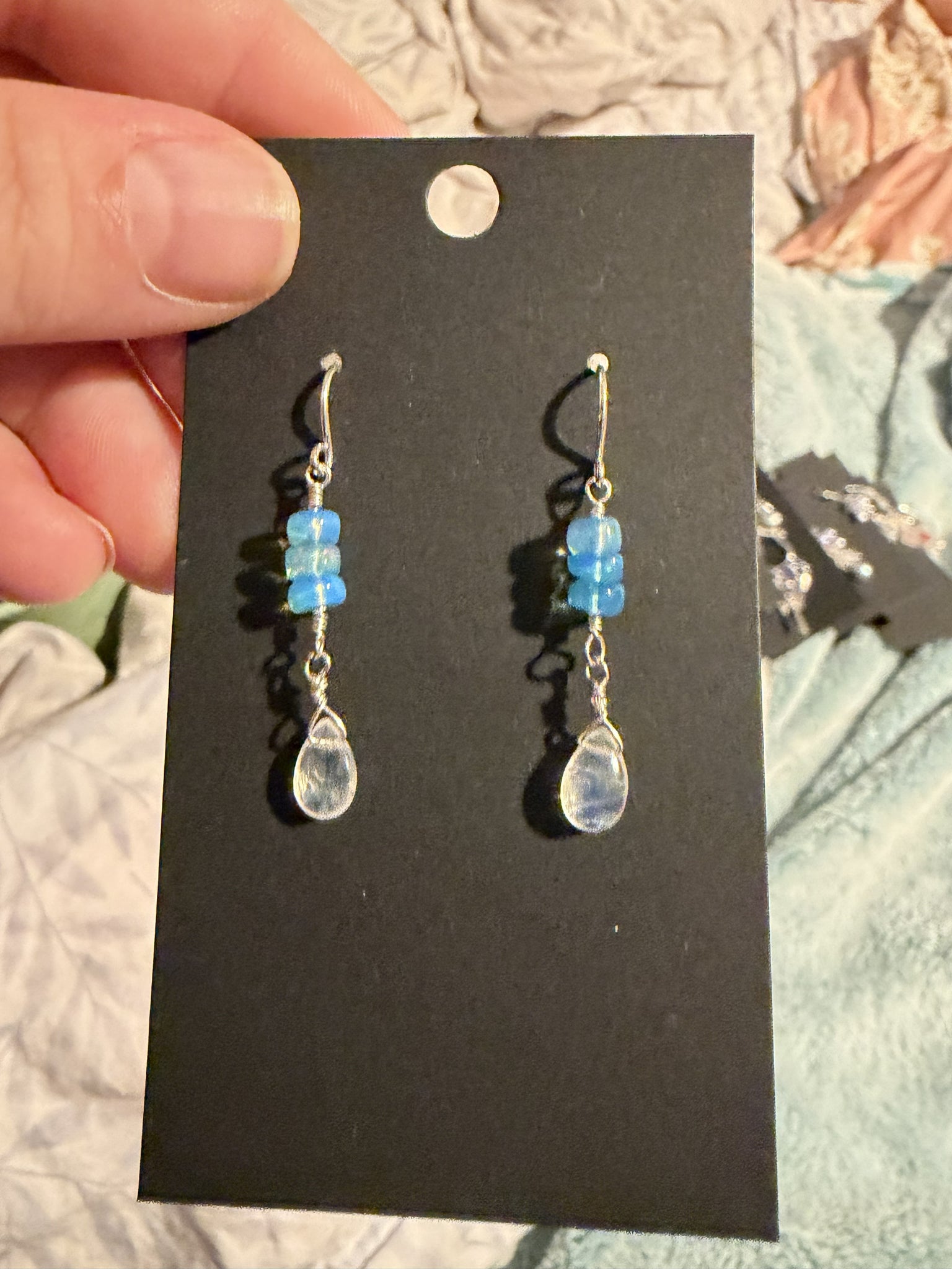 Blue Ethiopian Opal and Moonstone Drop Earrings
