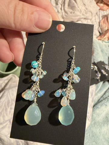 Chalcedony Drop and Ethiopian Opal Cluster Earrings