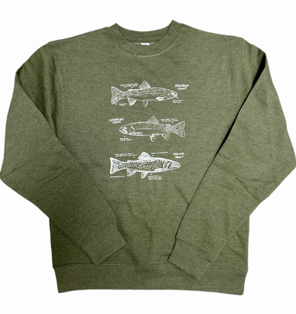 Trout Crewneck Sweatshirt, screen printed adult sizes