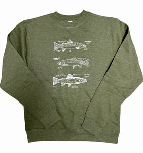 Trout Crewneck Sweatshirt, screen printed adult sizes