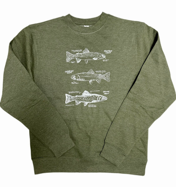 Trout Crewneck Sweatshirt, screen printed adult sizes