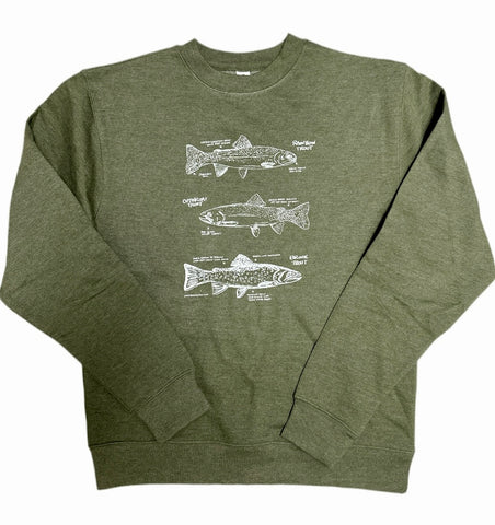 Trout Crewneck Sweatshirt, screen printed adult sizes