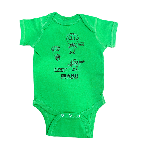 Idaho Potato Trooper Onesie, Solid Green. Eco-friendly Waterbased Inks