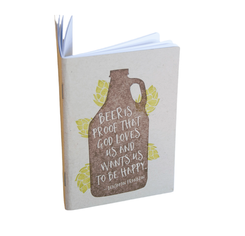 Beer Growler Notebook, hand drawn and staple bound, letterpress printed eco friendly