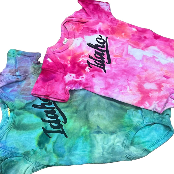 Ice Dyed Retro Idaho Onesie, eco-friendly waterbased inks