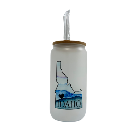 Idaho Heart Frosted Can Glass w/ Glass Straw