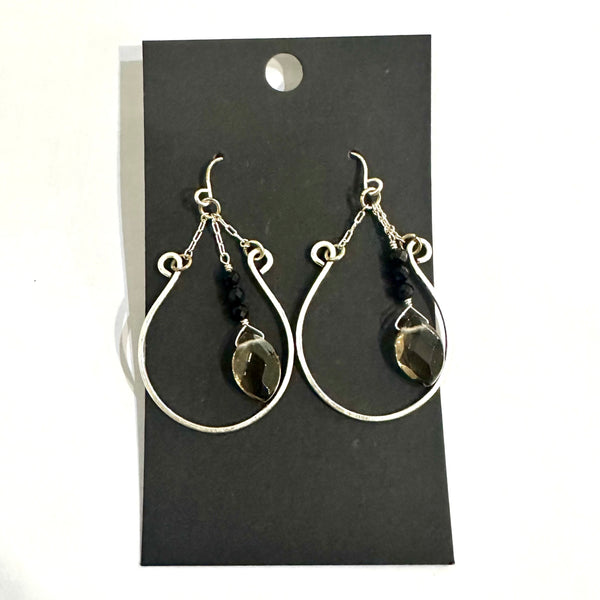 Smoky Quartz and Black Onyx Open Hoop Earrings