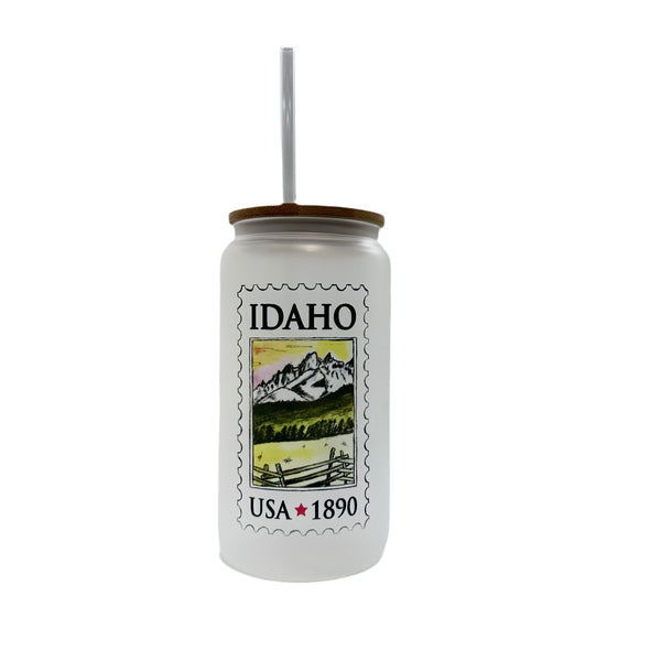 Idaho Stamp Frosted Can Glass w/ Glass Straw