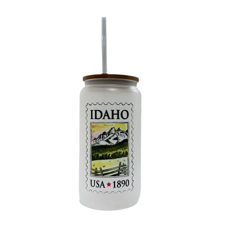 Idaho Stamp Frosted Can Glass w/ Glass Straw