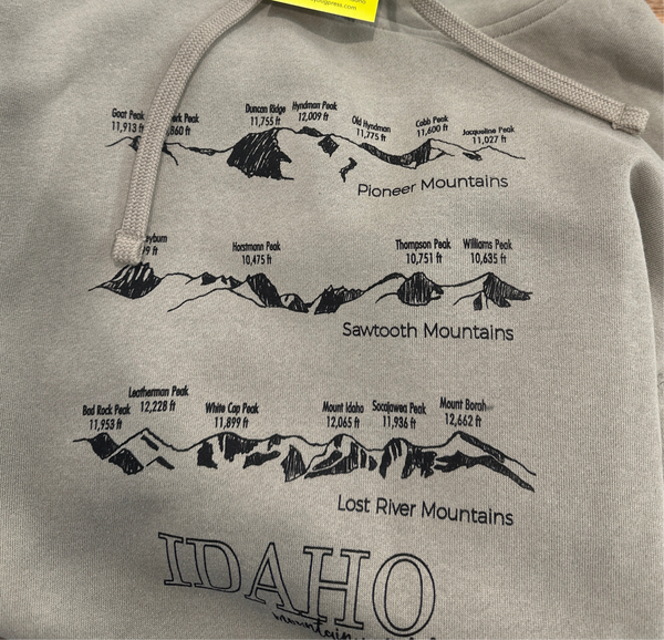 Idaho Mountain Ranges Hoodie Screen Printed Sweatshirt, Eco Friendly Ink