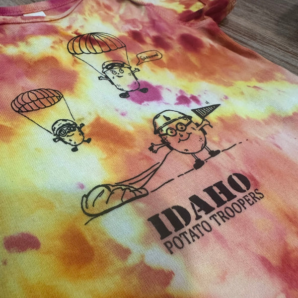 Ice Dyed Idaho Potato Trooper Onesie, eco-friendly waterbased inks