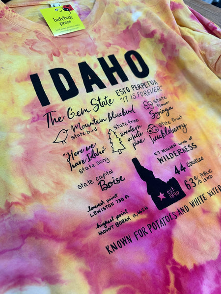 Ice Dyed Idaho Facts Long Sleeve Shirt, Adult Sizes Assorted Color Options