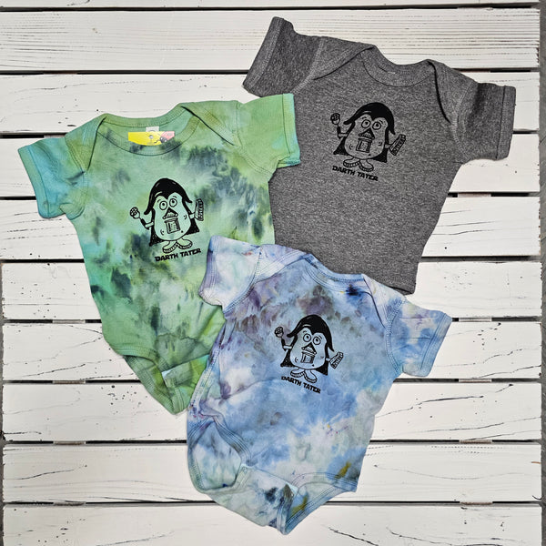 Ice Dyed Darth Tater Onesie, eco-friendly waterbased inks