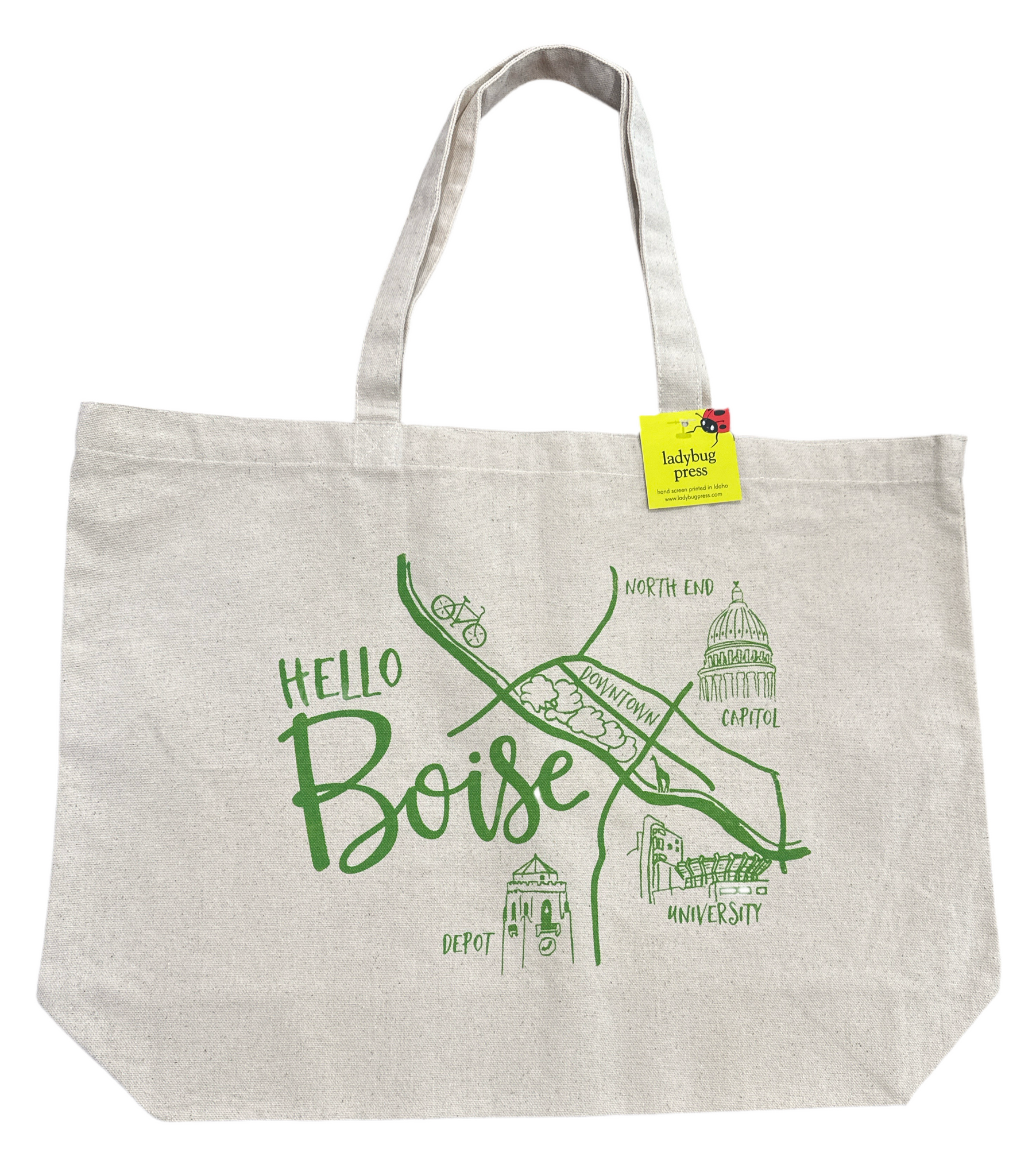 Boise Map Tote Bag, Hand Screen Printed Large Heavy Duty Canvas Bag