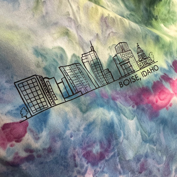 Ice Dyed Boise Skyline Adult T-shirt, Eco Friendly Waterbased Inks