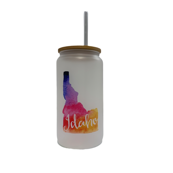 Idaho Watercolor Frosted Can Glass w/ Glass Straw