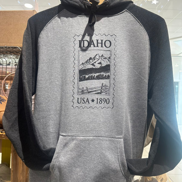 Idaho Postage Stamp Pullover Hoodie, Raglan. Screen Printed Sweatshirt with Eco Friendly Waterbased Inks