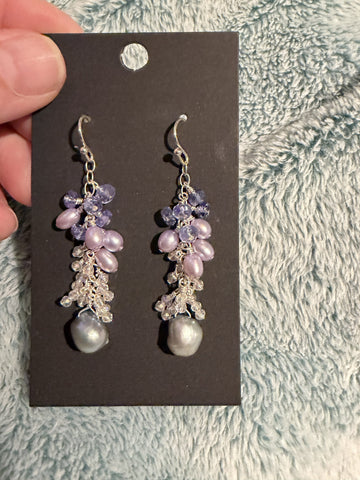 Fresh Water Pear and Tanzanite Cluster Drop Earrings
