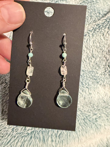 Flourite, Raw Aquamarine and Amazonite Drop Earrings