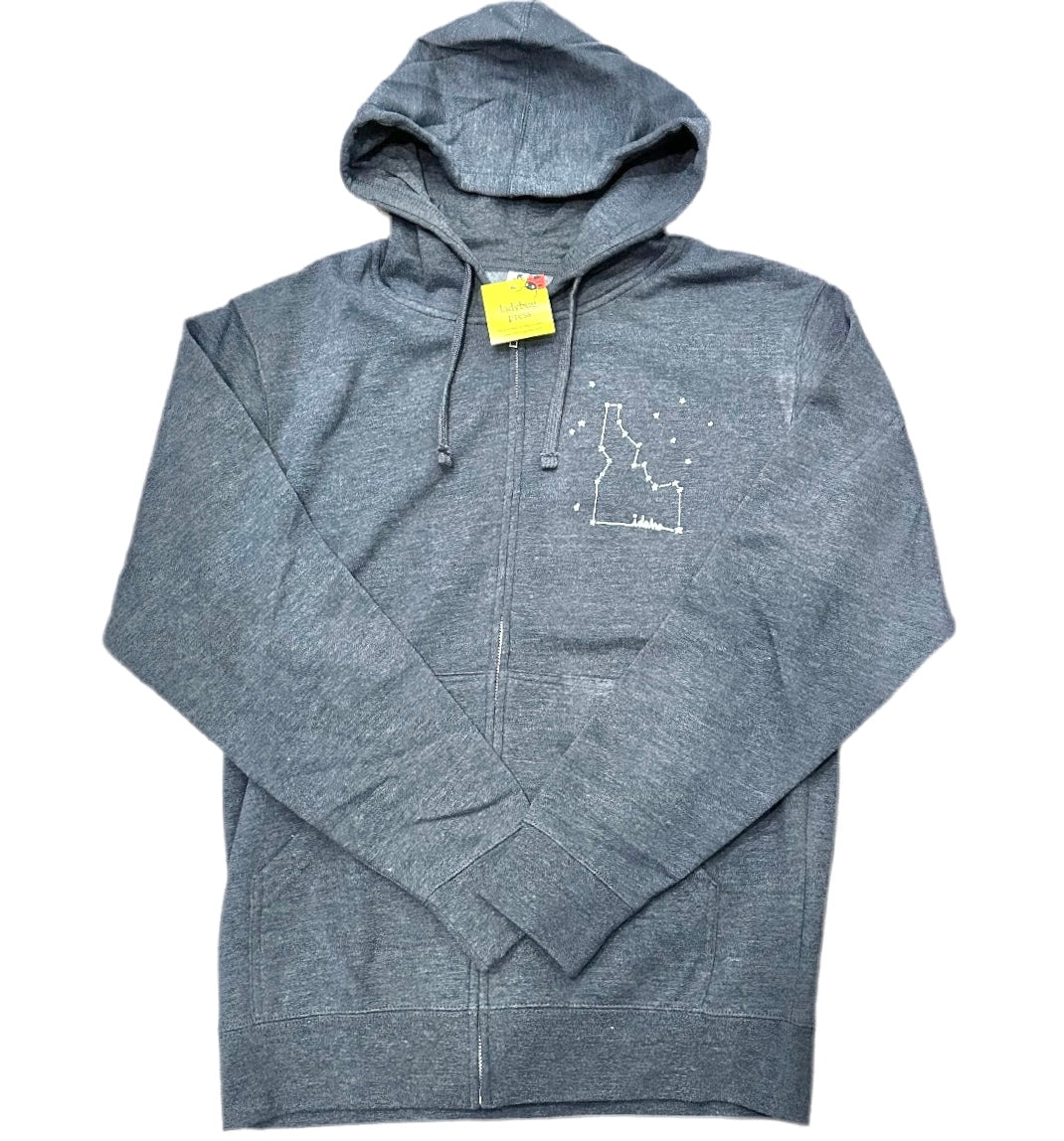 Idaho Constellation Zip Up Hoodie, Adult Sweatshirt Sizes. Eco Friendly Waterbased Inks