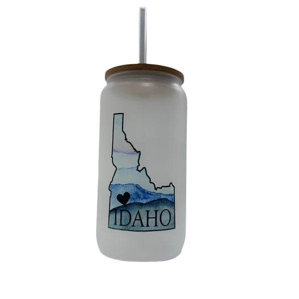 Idaho Heart Frosted Can Glass w/ Glass Straw