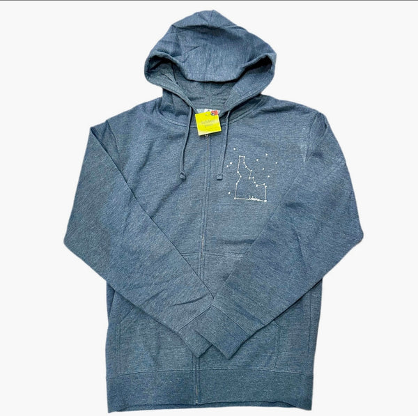 Idaho Constellation Zip Up Hoodie, Adult Sweatshirt Sizes. Eco Friendly Waterbased Inks